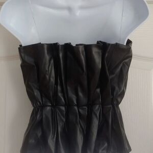 TCEC Black Faux Leather Strapless Peplum Top